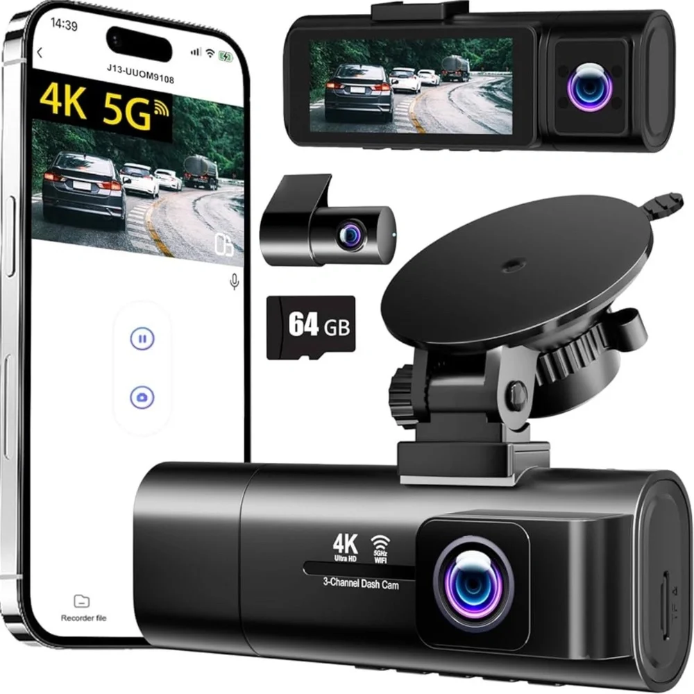4K Dash Cam Front & Rear IPS,3 Channel Dash Cam with 5G Wifi 64 Card Included